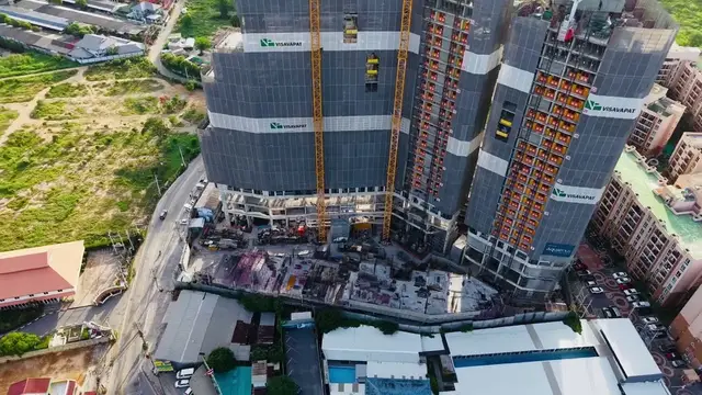 Aquarous Jomtien – Construction progress 06/2026 · Drone photo: Thailand Drone 4K by Milli