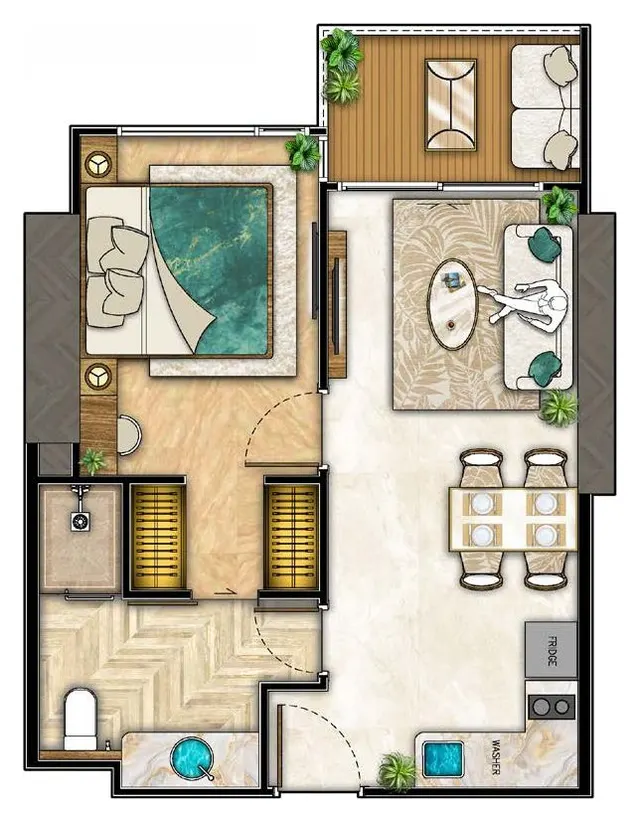Grundriss – 1 Schlafzimmer · Strandseite