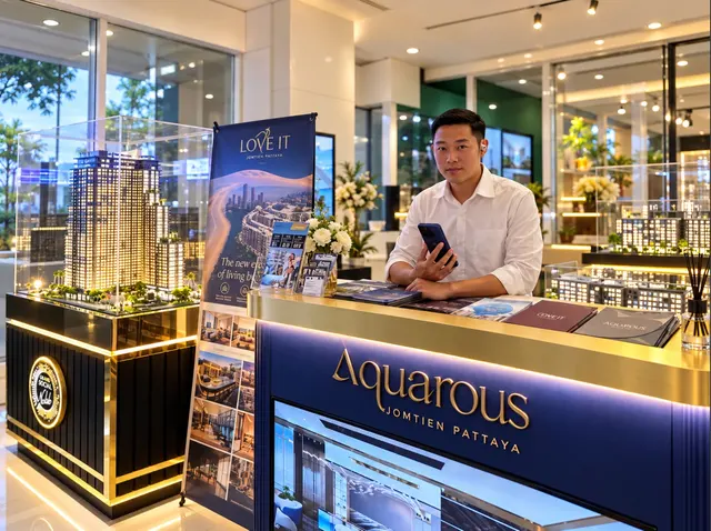Our team at the Aquarous counter with brochures and project models