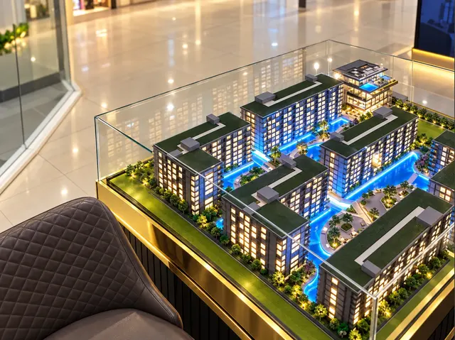 Close-up of the Grand Solaire Noble model with pool landscape