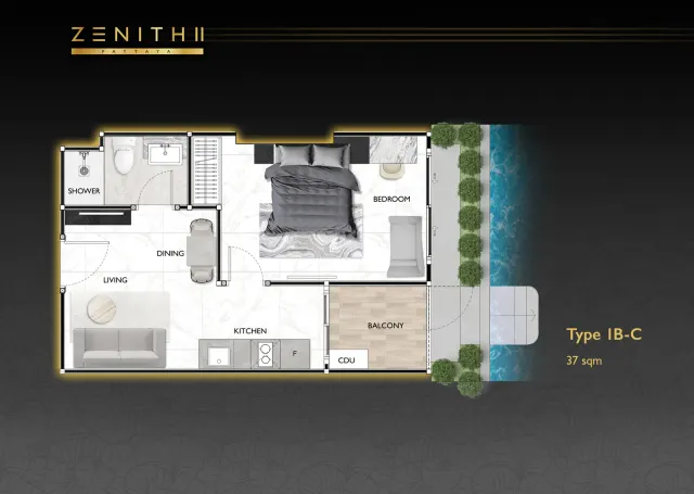 Floor plan – 1 Bedroom · Pool access · 1B-C / 1B-D