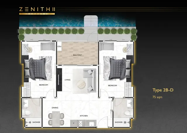 Floor plan – 2 Bedrooms · Pool access · 2B-D / 2B-E / 2B-F