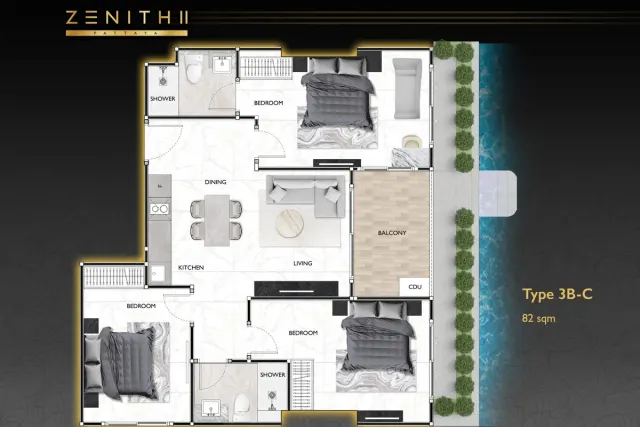 Floor plan – 3 Bedrooms · Pool access · 3B-C / 3B-D